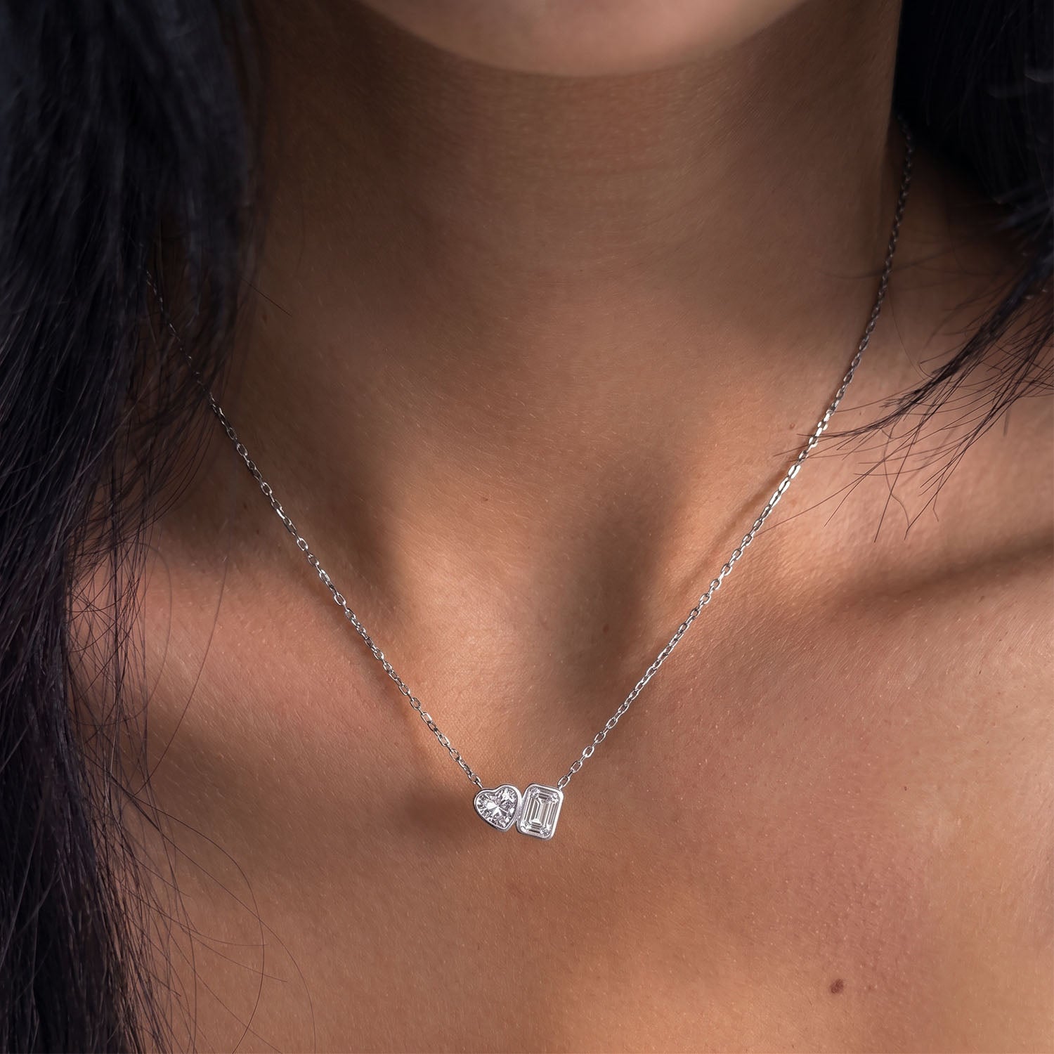 Heart and Emerald Diamond Toi Et Moi Necklace - Silver