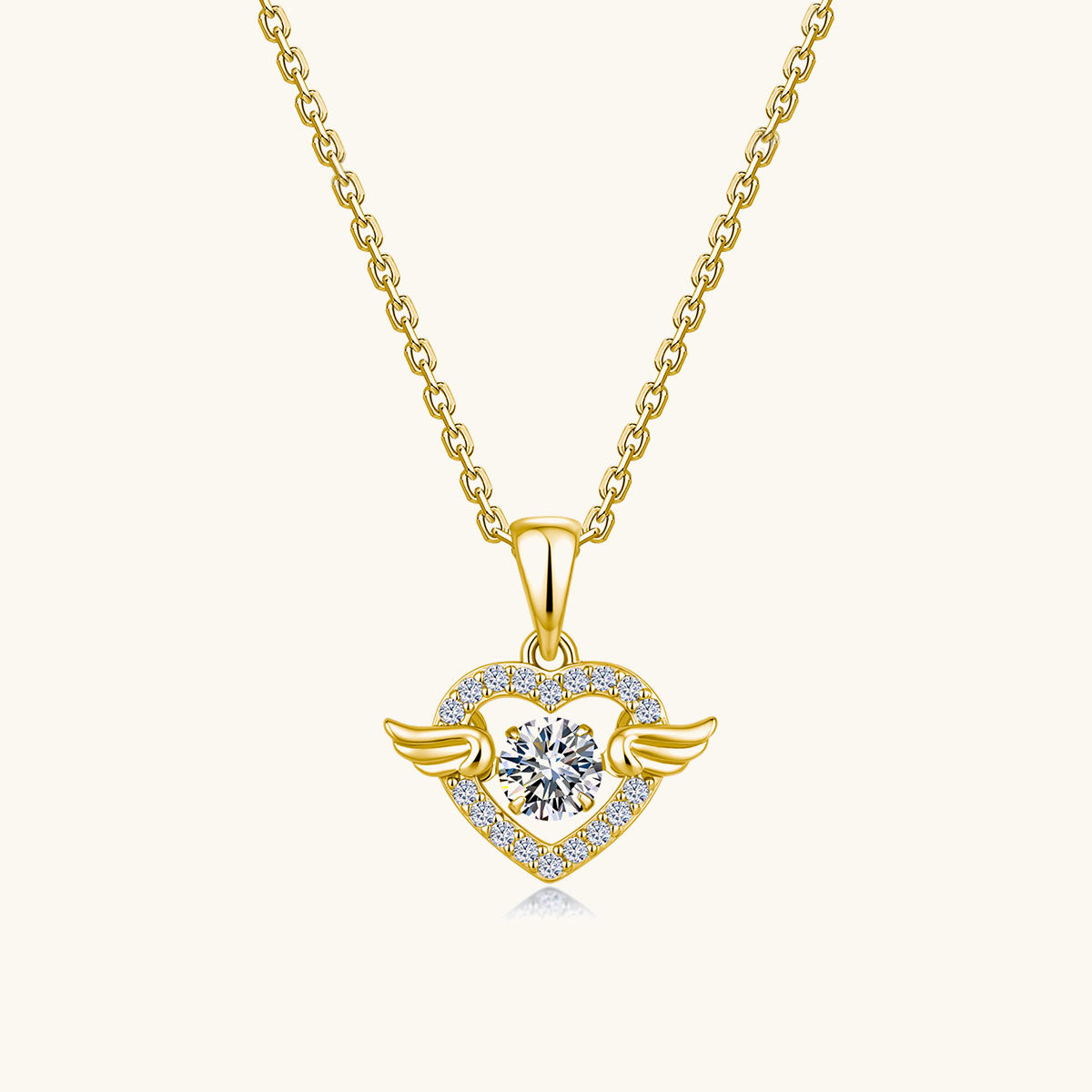Heart Moissanite Angel Wing Pendant Necklace - Gold