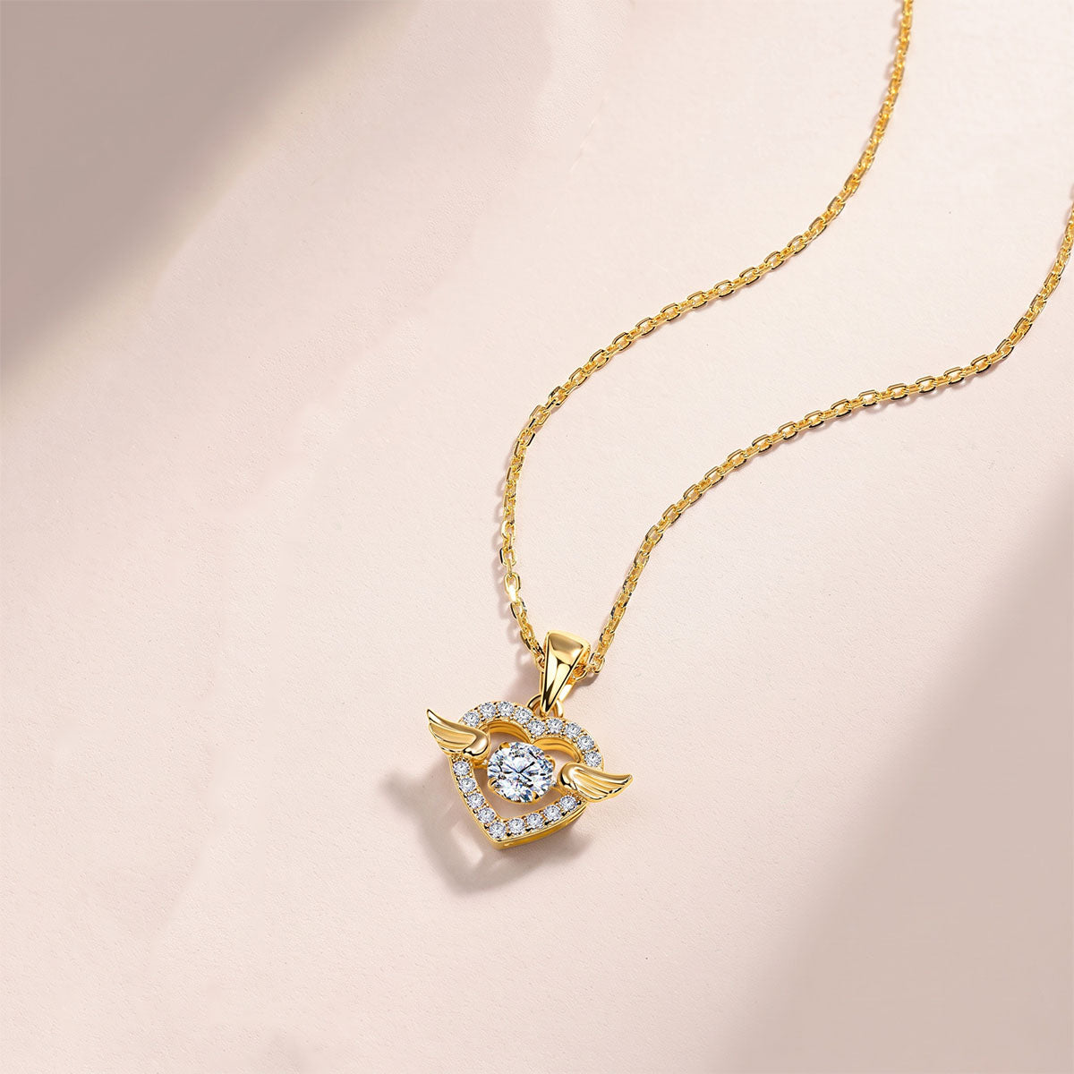 Heart Moissanite Angel Wing Pendant Necklace - Gold