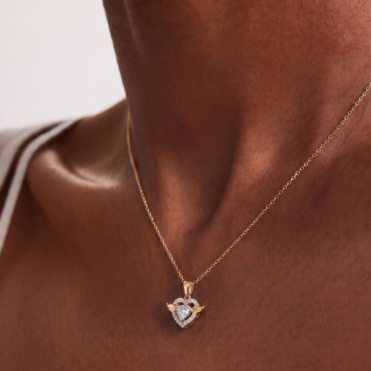 Heart Moissanite Angel Wing Pendant Necklace - Gold