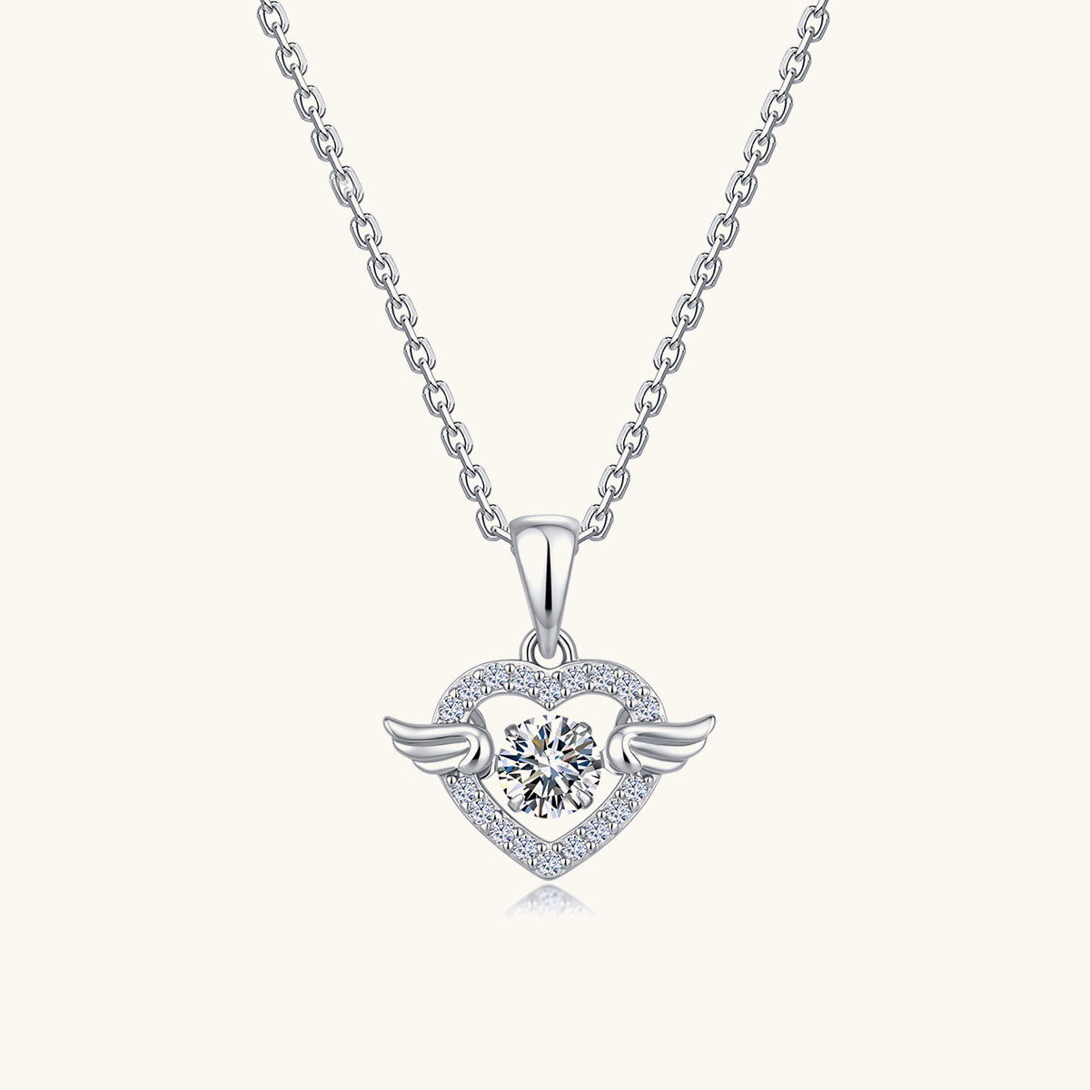 Heart Moissanite Angel Wing Pendant Necklace - Silver