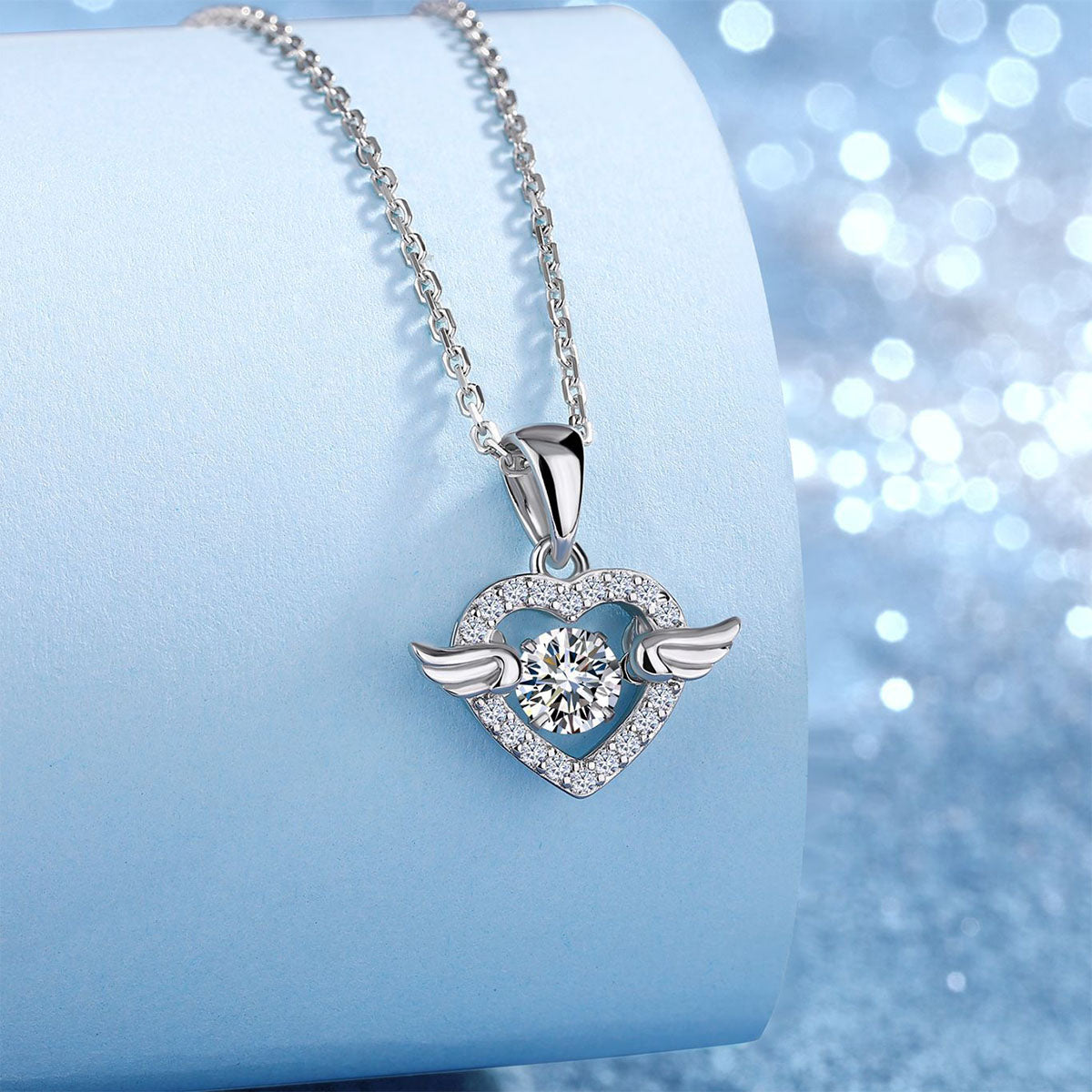 Heart Moissanite Angel Wing Pendant Necklace - Silver