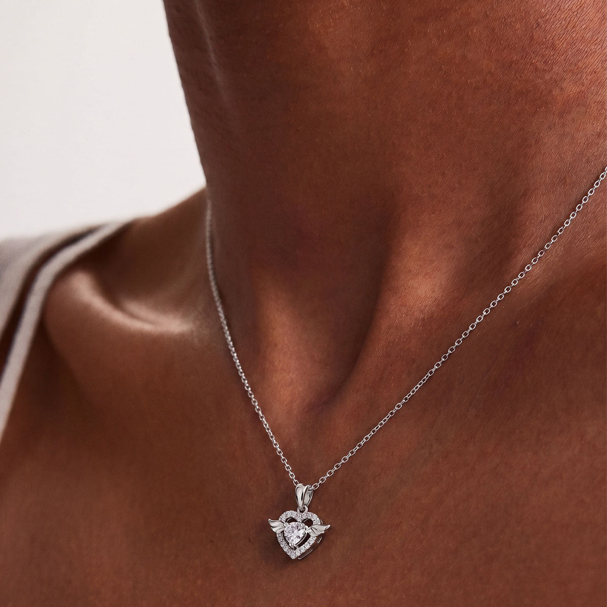 Heart Moissanite Angel Wing Pendant Necklace - Silver