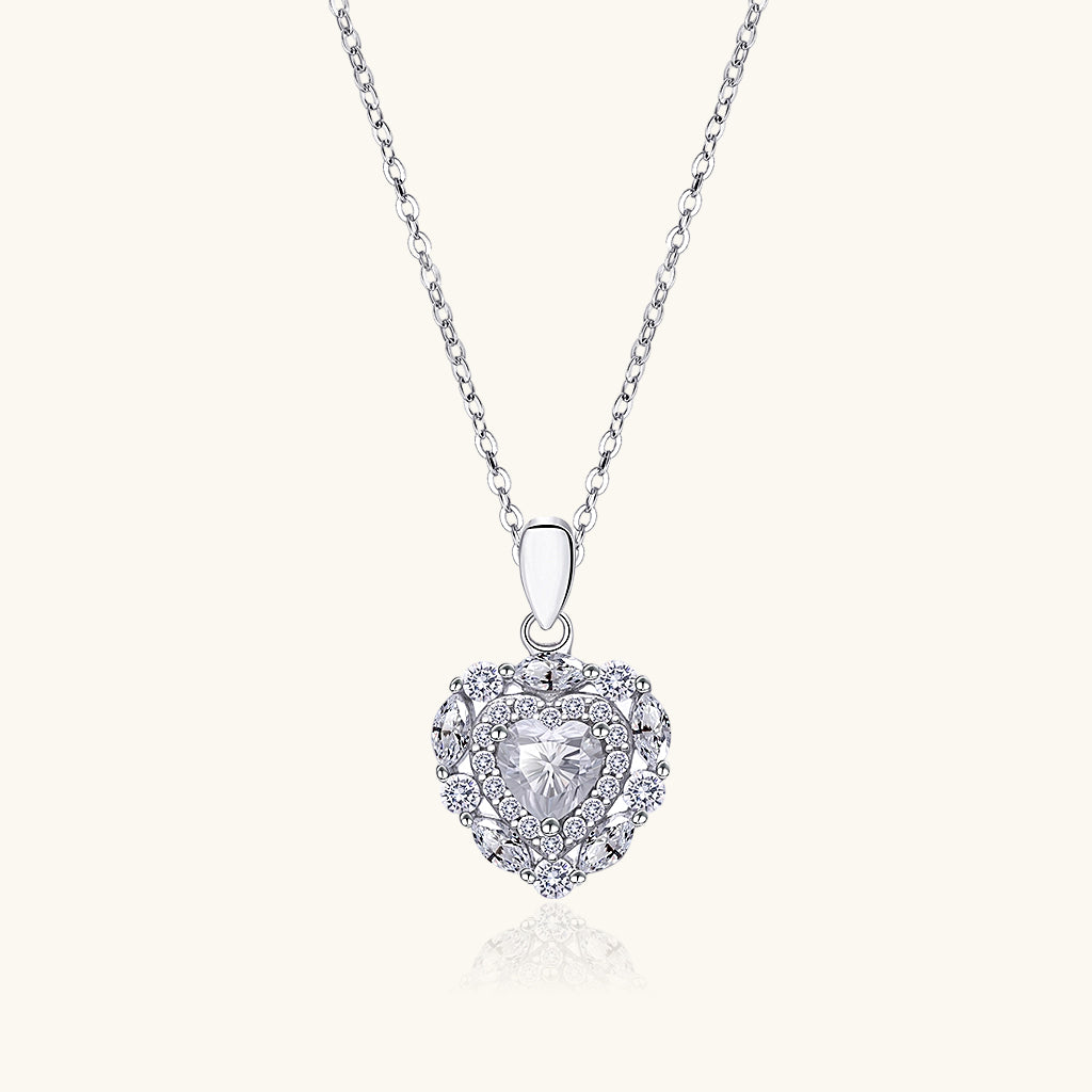 Heart Moissanite Halo Pendant Necklace - Silver