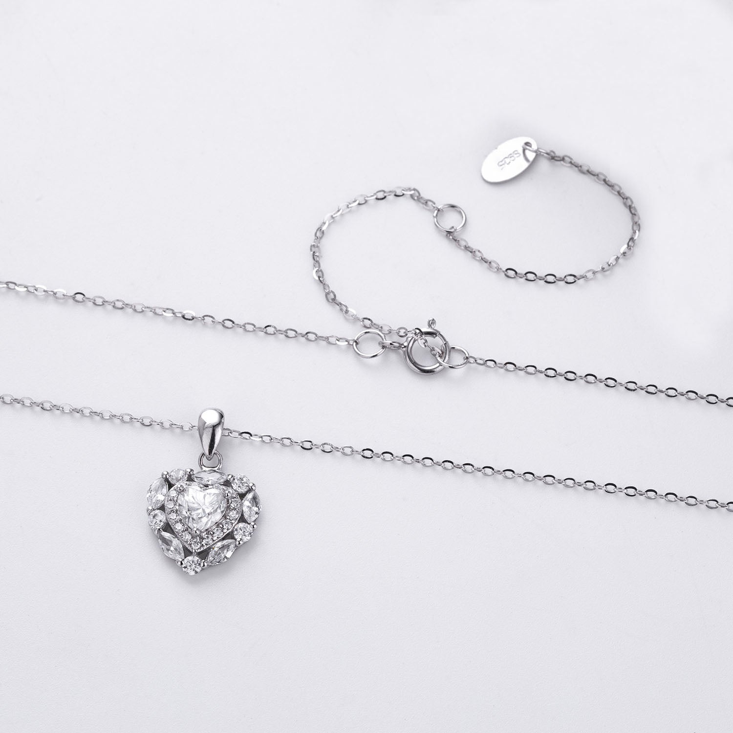 Heart Moissanite Halo Pendant Necklace - Silver