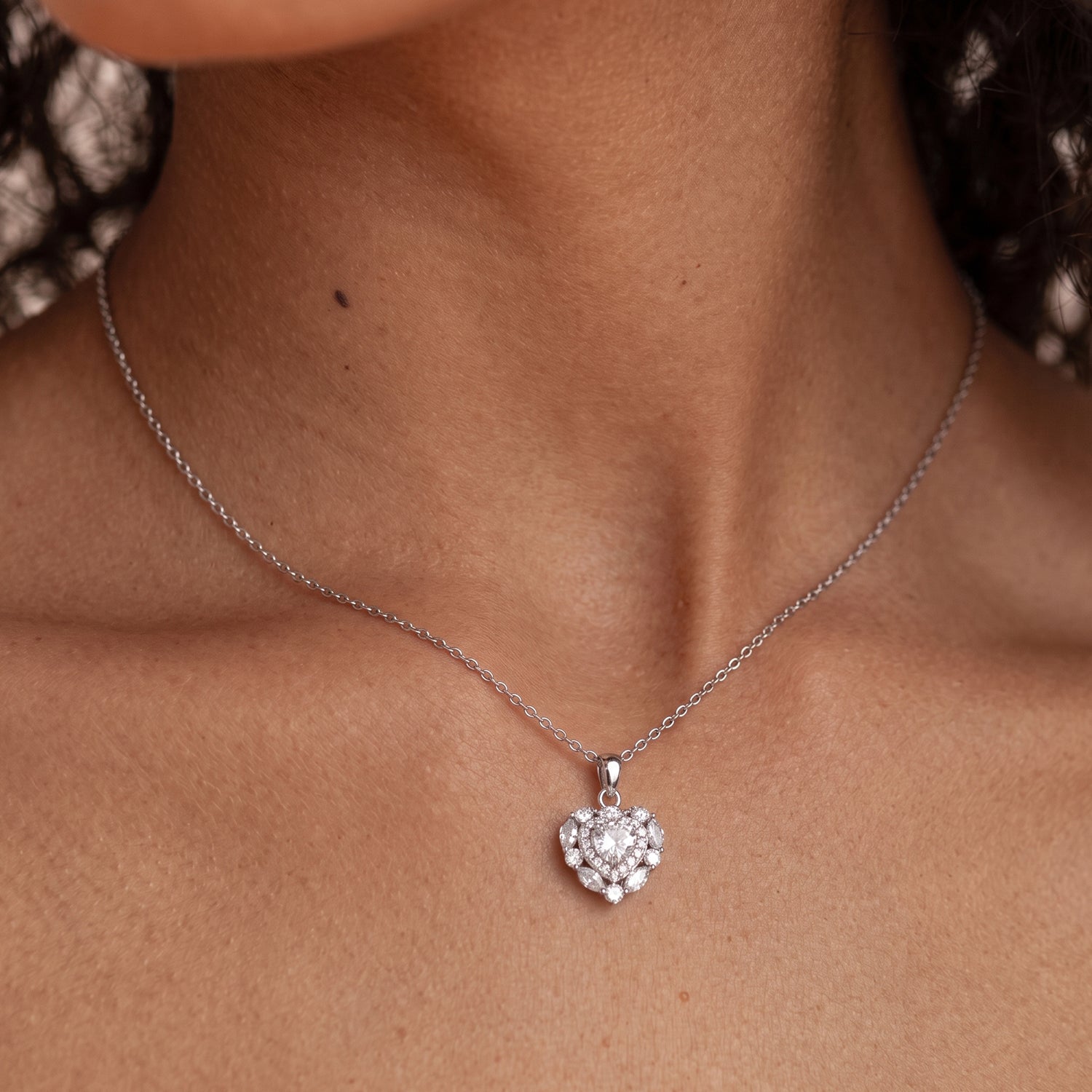 Heart Moissanite Halo Pendant Necklace - Silver