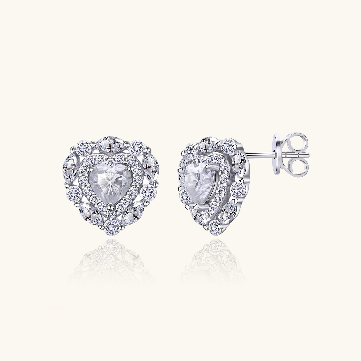 Heart Moissanite Halo Stud Earrings - Silver