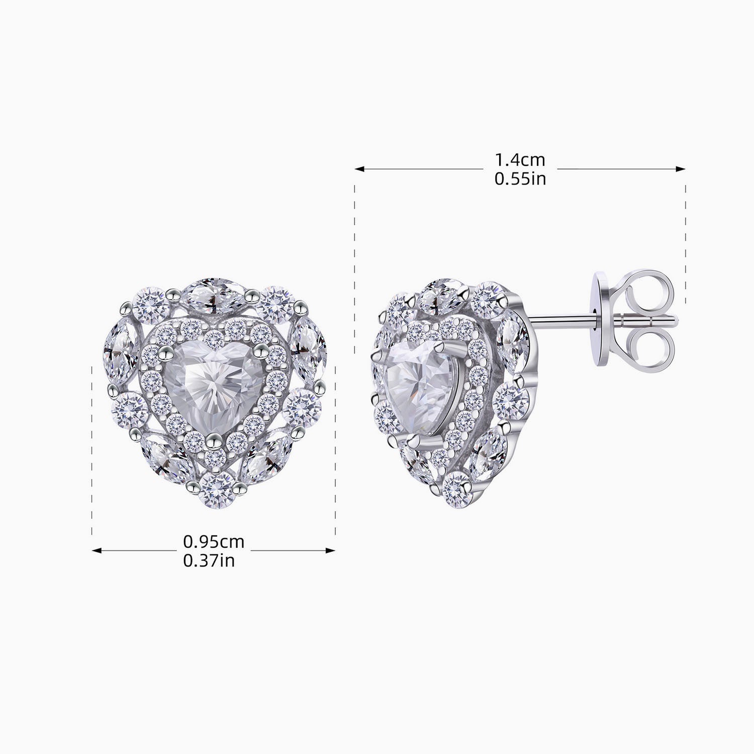 Heart Moissanite Halo Stud Earrings - Silver
