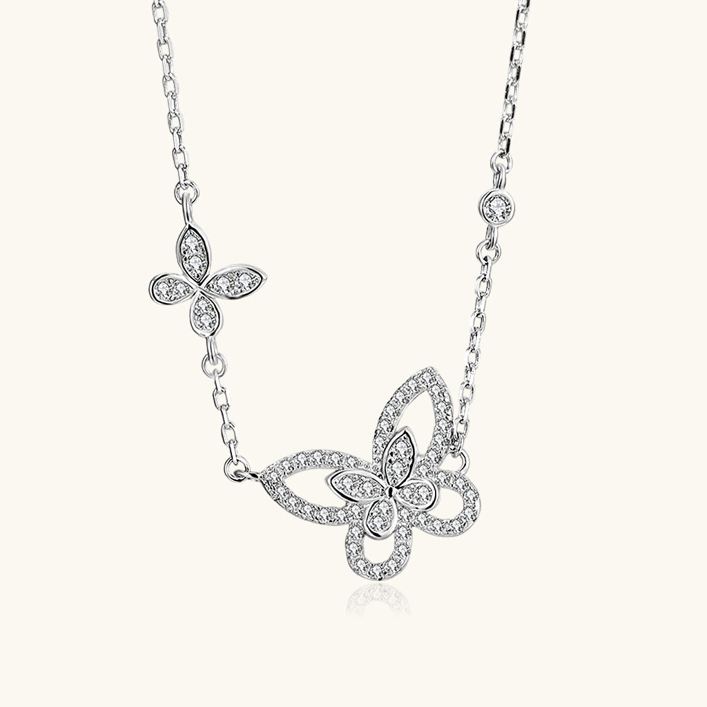 Iced Out Butterfly Pendant Necklace - Silver