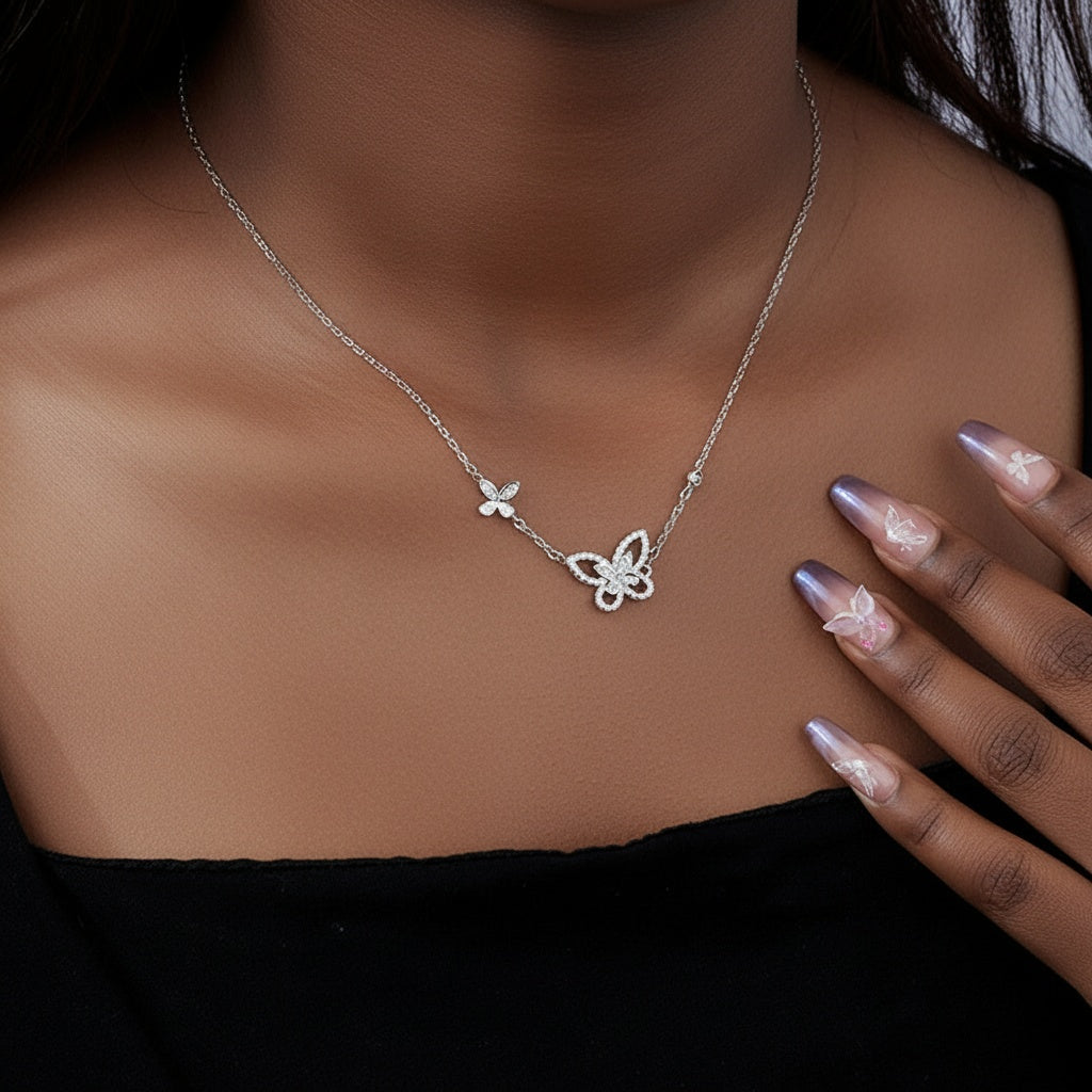 Iced Out Butterfly Pendant Necklace - Silver