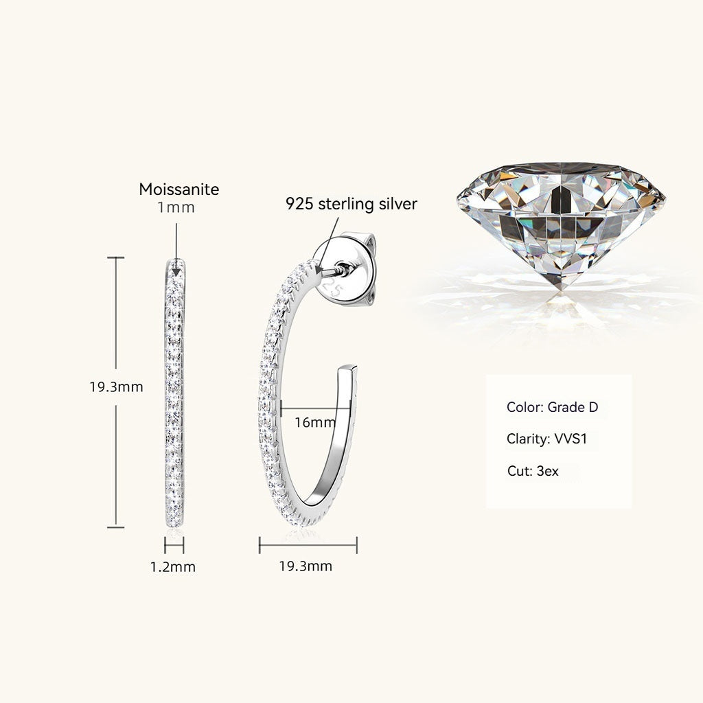 Iced Out Moissanite C Hoop Earrings - Silver