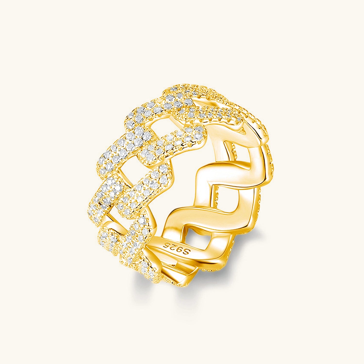 Iced Out Moissanite Cuban Chain Ring - Gold