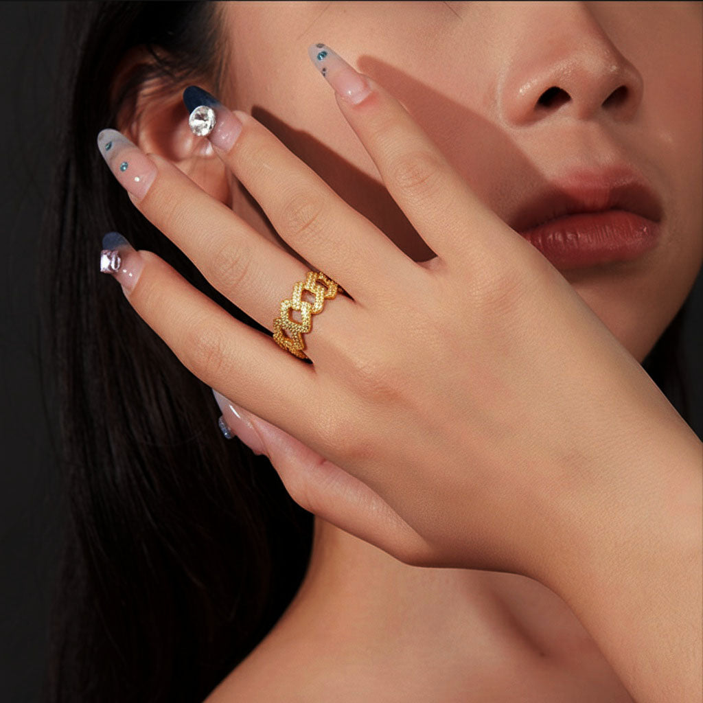 Iced Out Moissanite Cuban Chain Ring - Gold