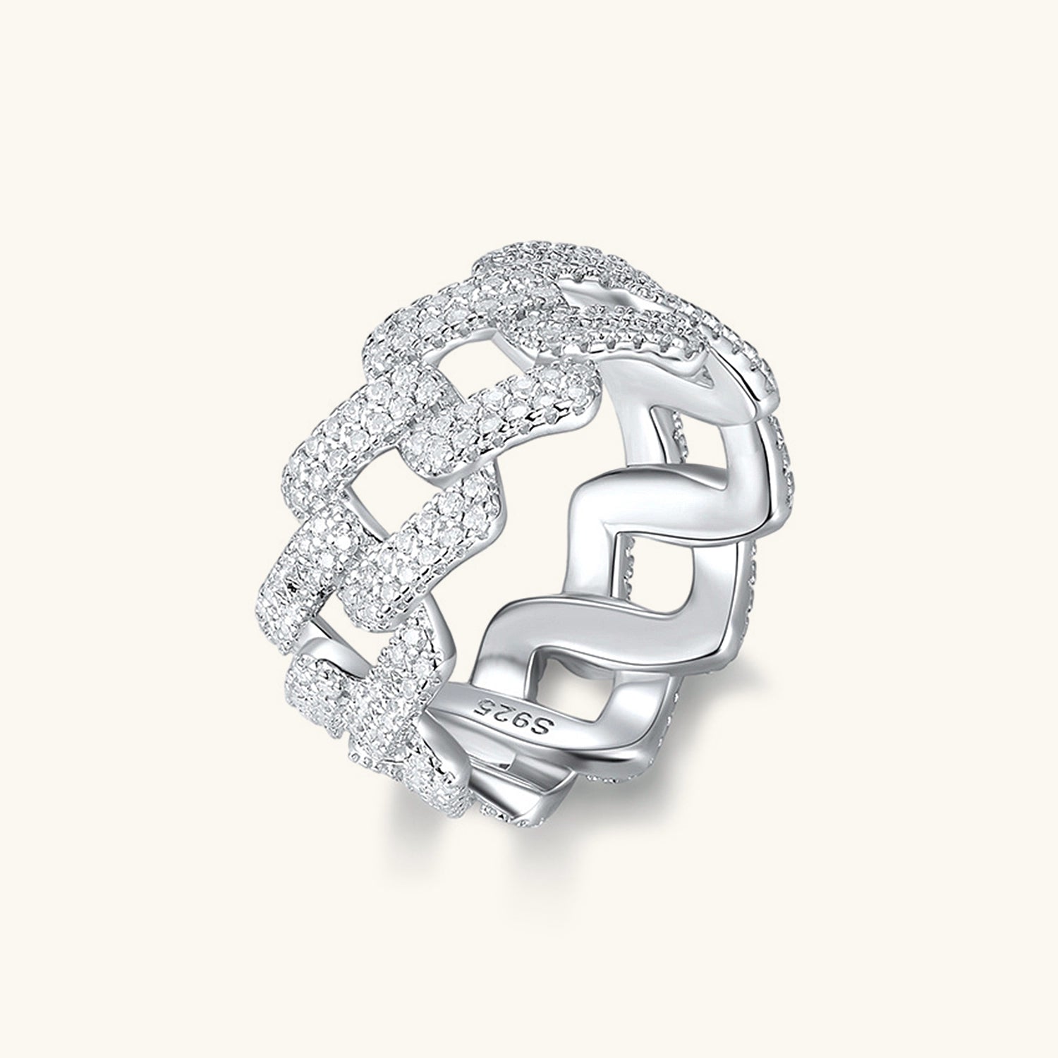 Iced Out Moissanite Cuban Chain Ring - Silver