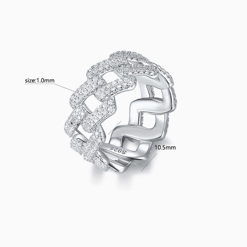 Iced Out Moissanite Cuban Chain Ring - Silver