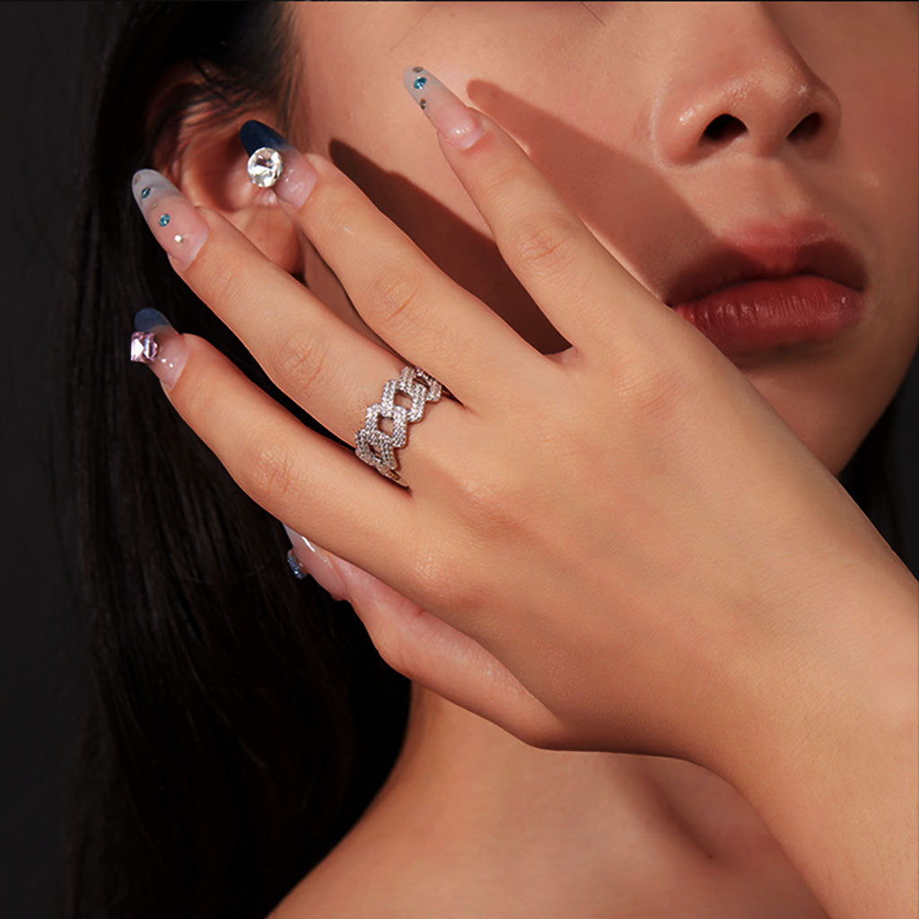 Iced Out Moissanite Cuban Chain Ring - Silver