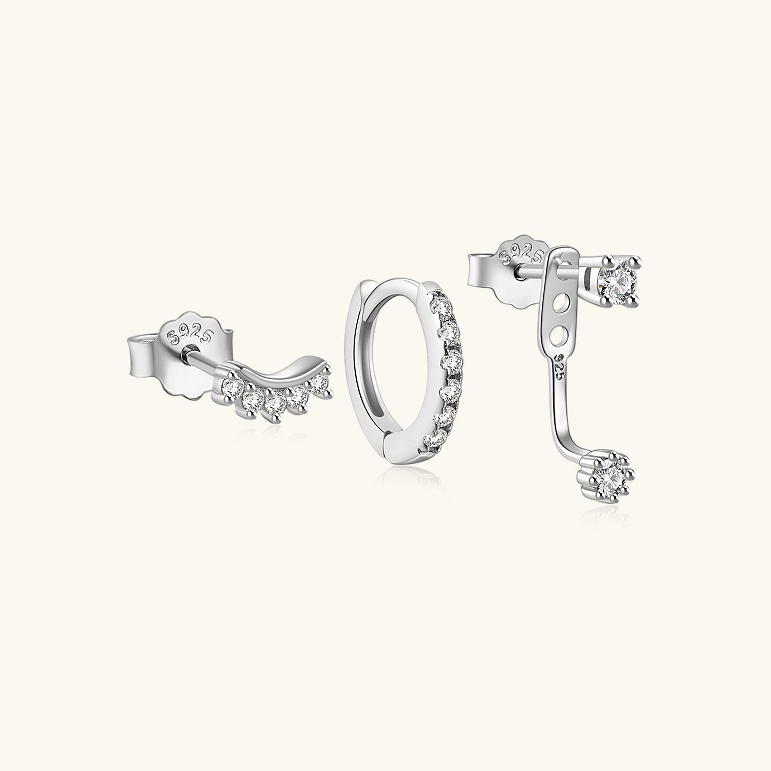 Illusion 3 Piece Diamond Huggie Hoop Earring Bundles - Silver