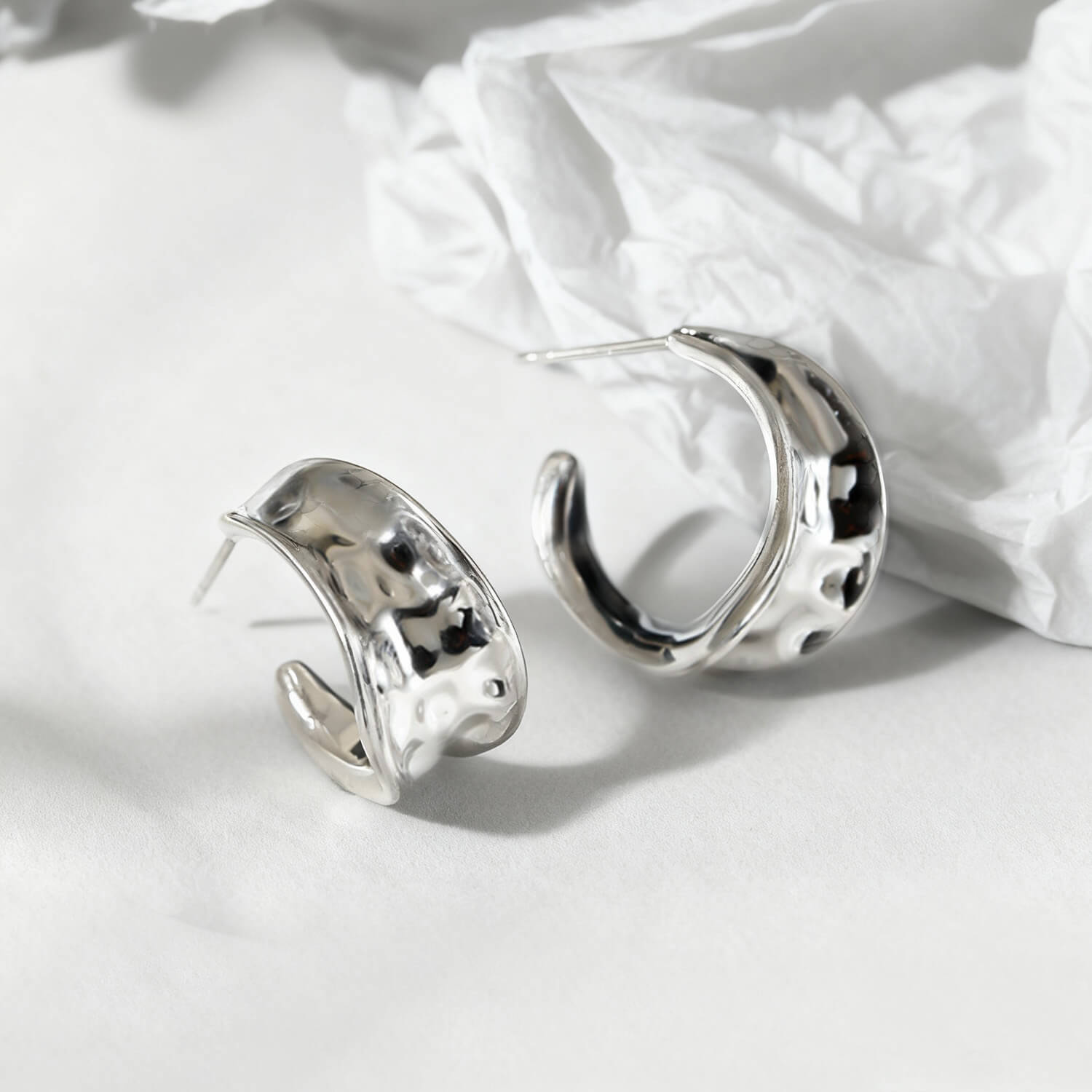 Irregular Sculptural Wide Hoop Earrings - Silver