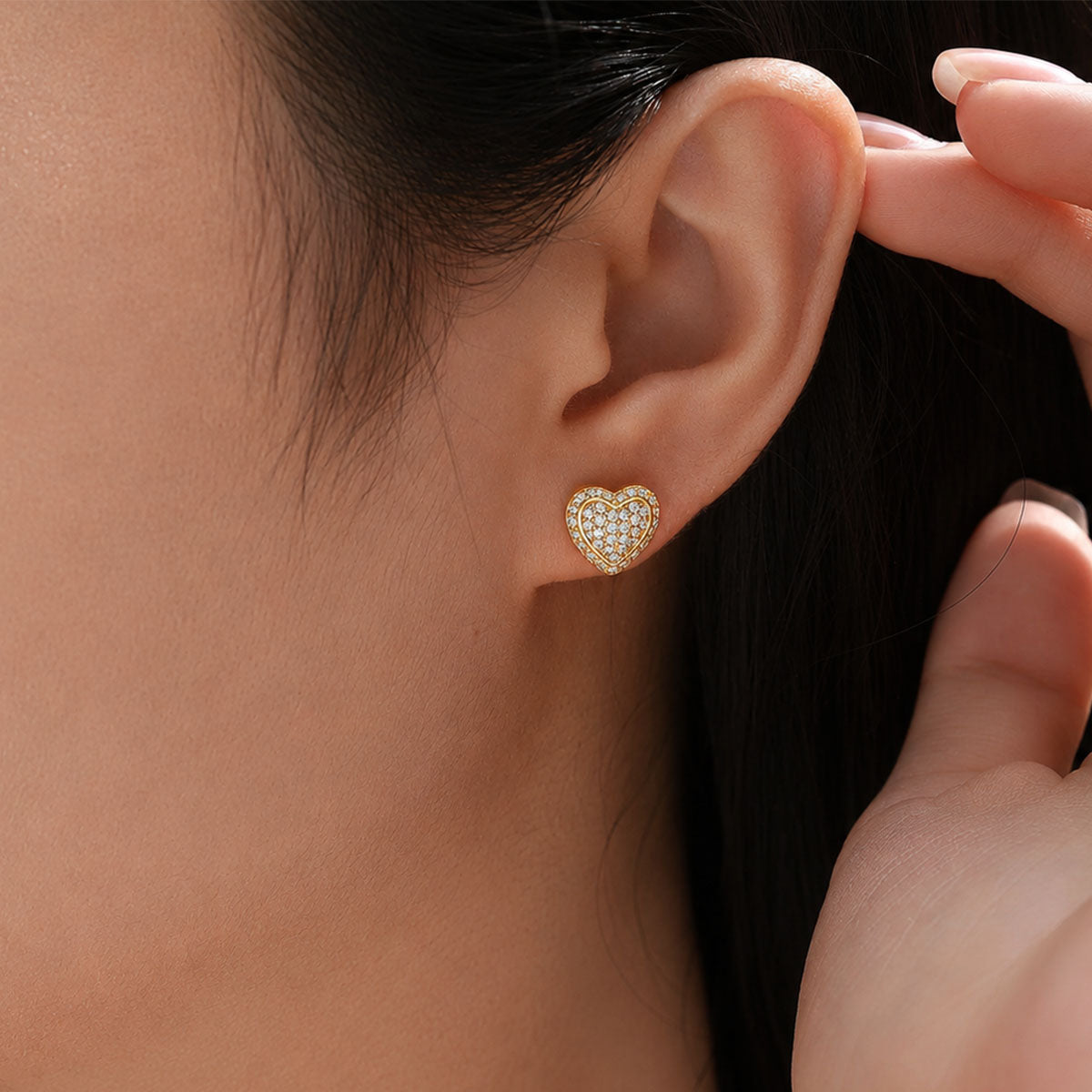Layered Moissanite Cluster Heart Stud Earrings - Gold
