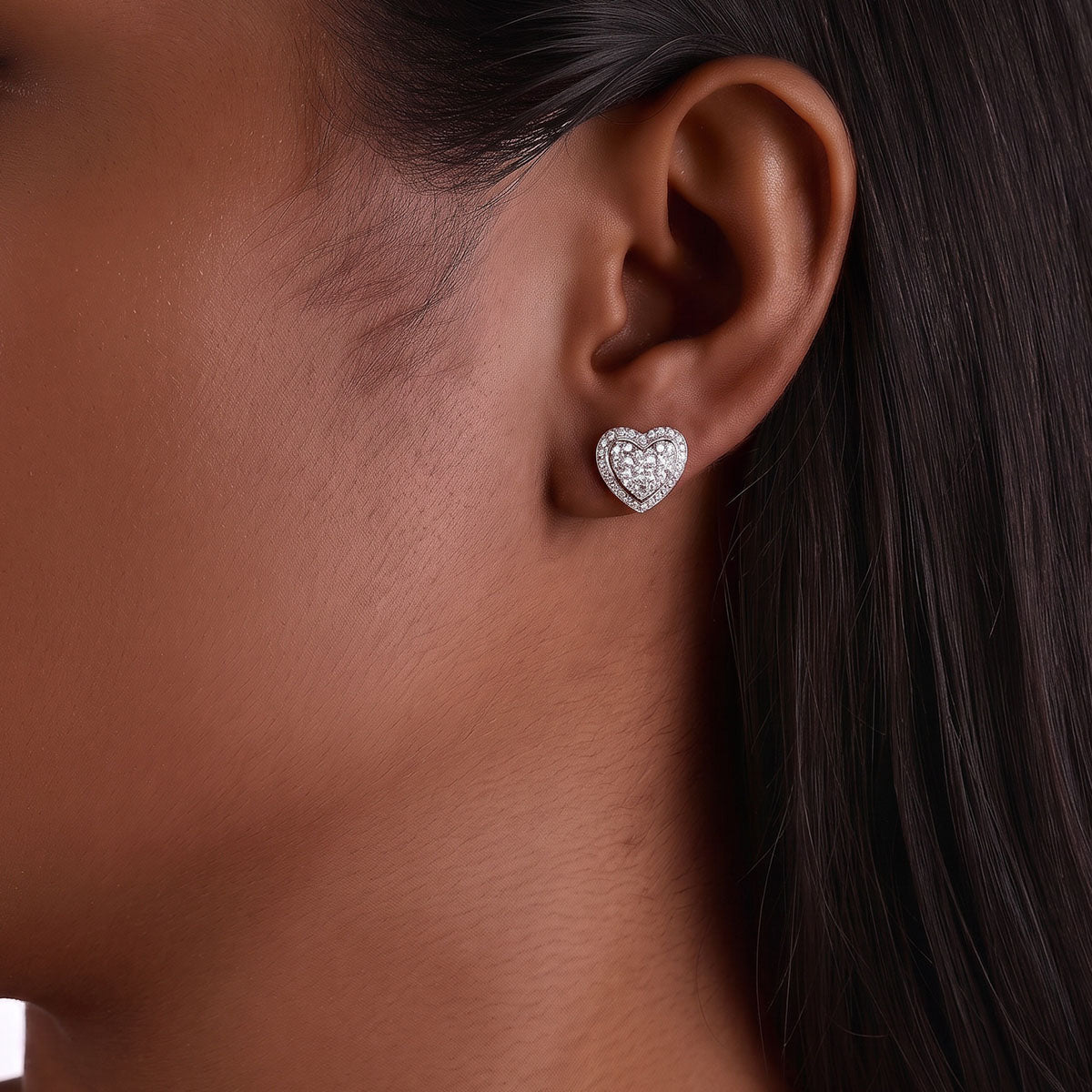Layered Moissanite Cluster Heart Stud Earrings - Silver