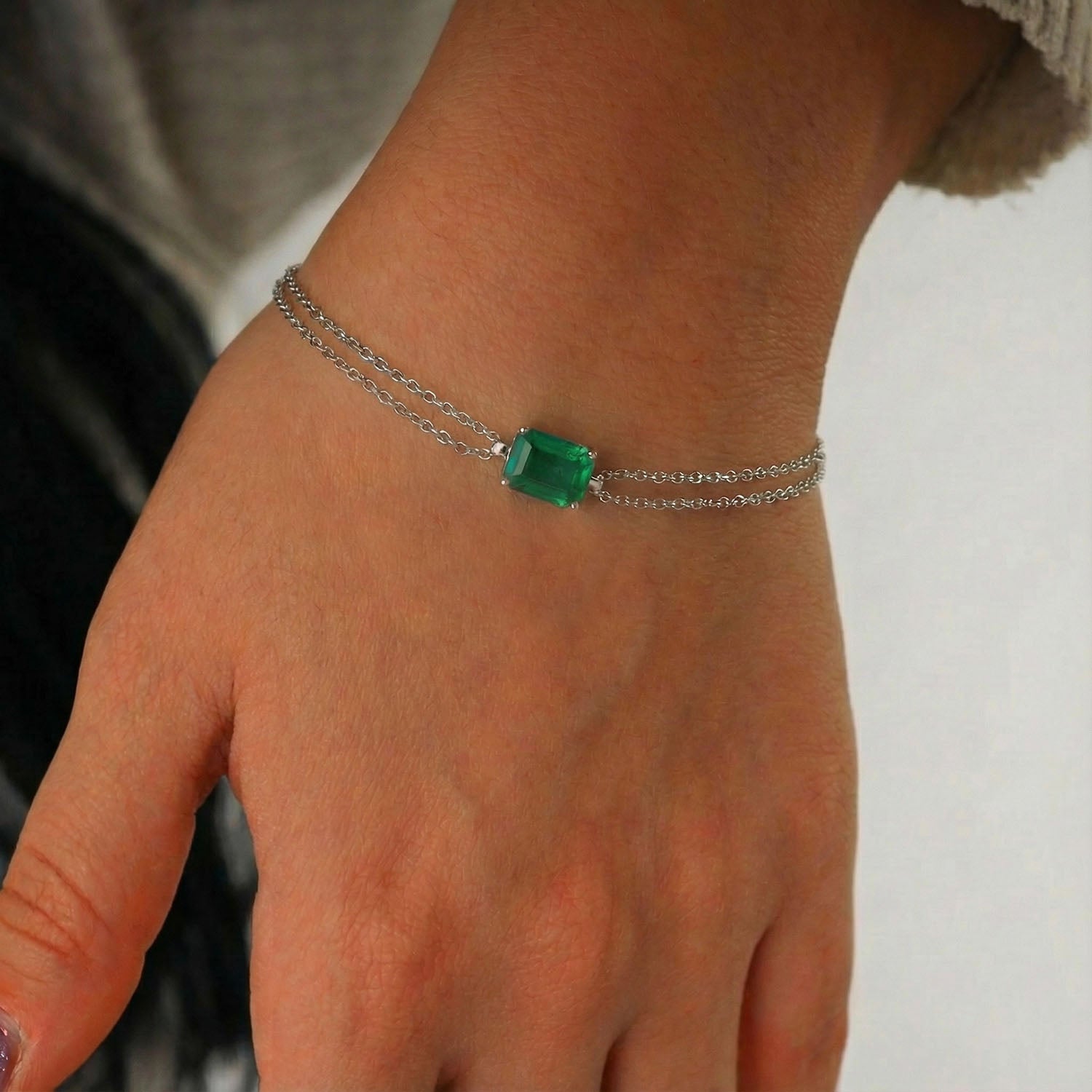 Luxe Emerald Layered Bracelet - Silver