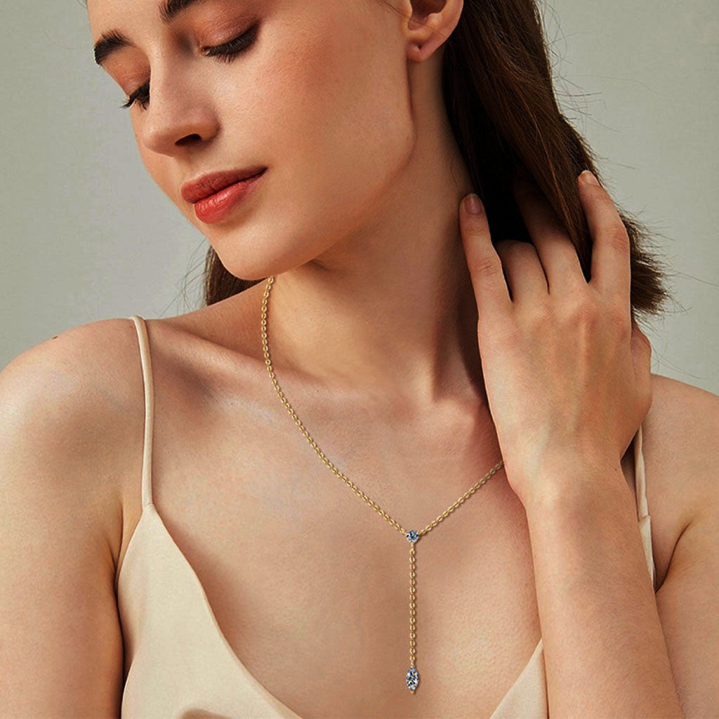 Marquise and Round Moissanite Lariat Necklace - Gold