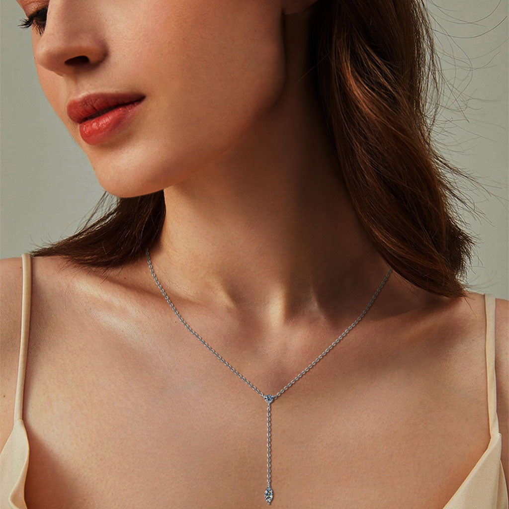 Marquise and Round Moissanite Lariat Necklace - Silver