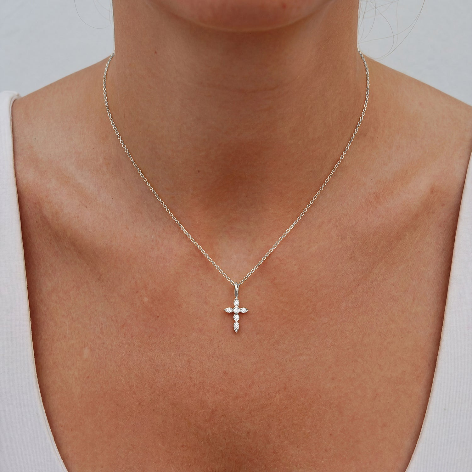 Marquise Diamond Cross Pendant Necklace - Silver