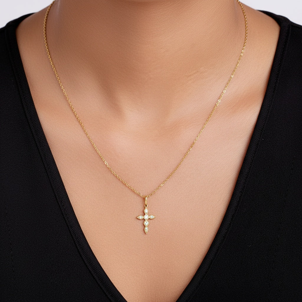 Marquise Moissanite Cross Pendant Necklace - Gold