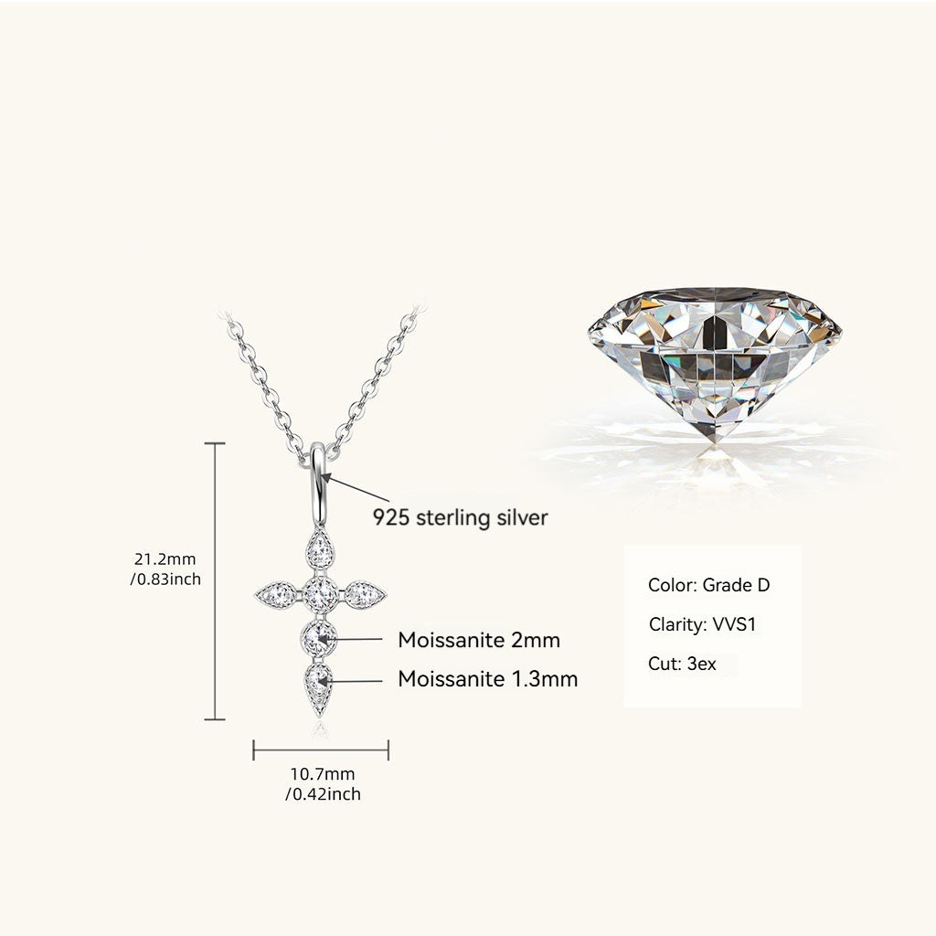 Marquise Moissanite Cross Pendant Necklace - Silver