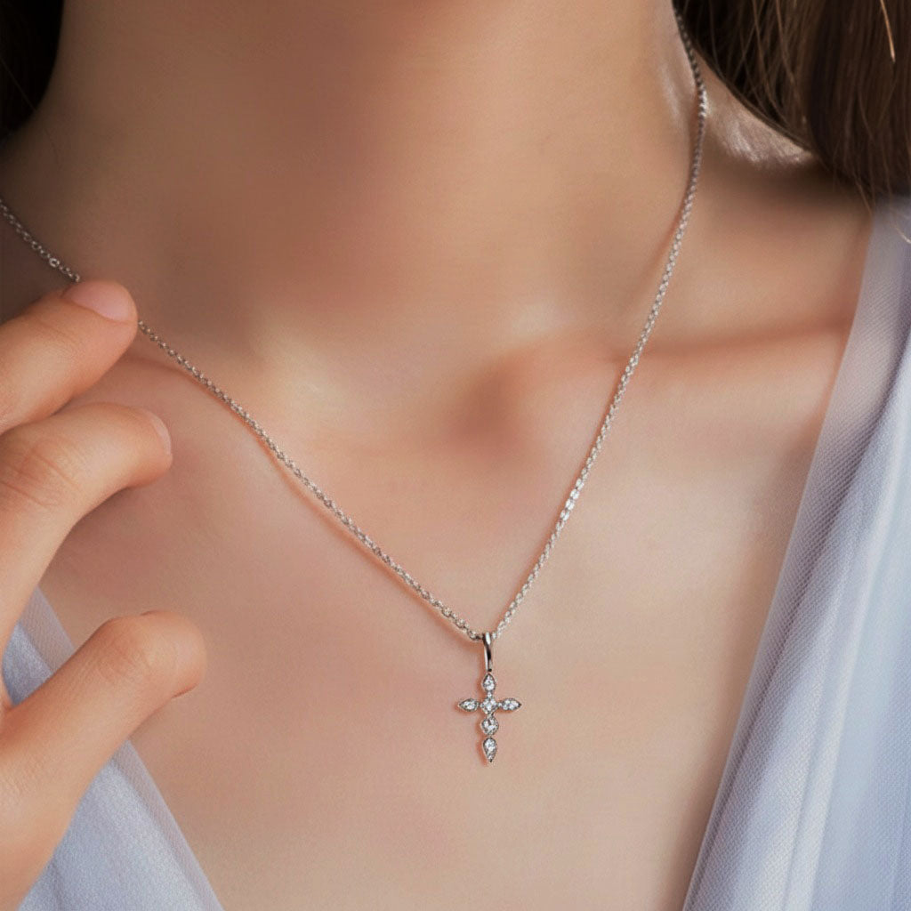 Marquise Moissanite Cross Pendant Necklace - Silver