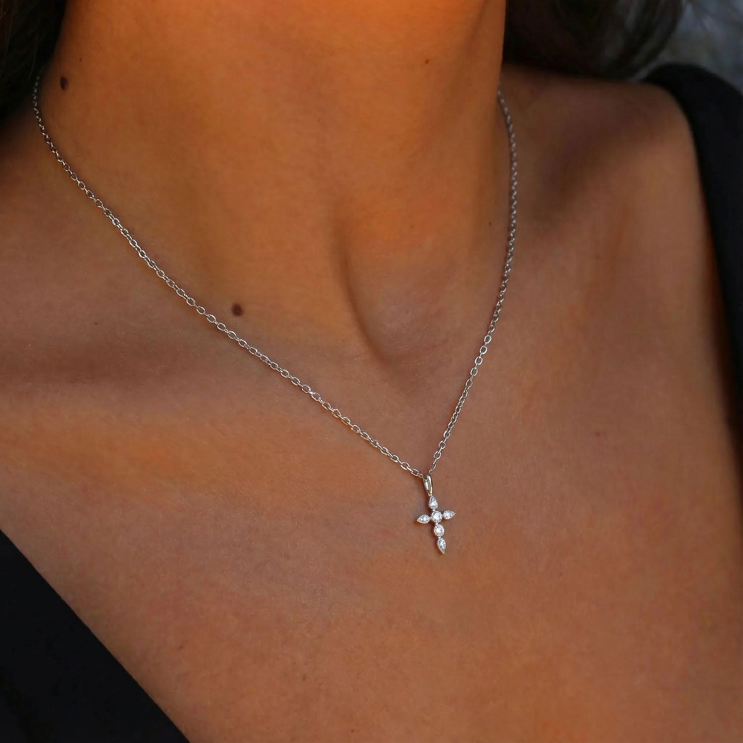Marquise Moissanite Cross Pendant Necklace - Silver