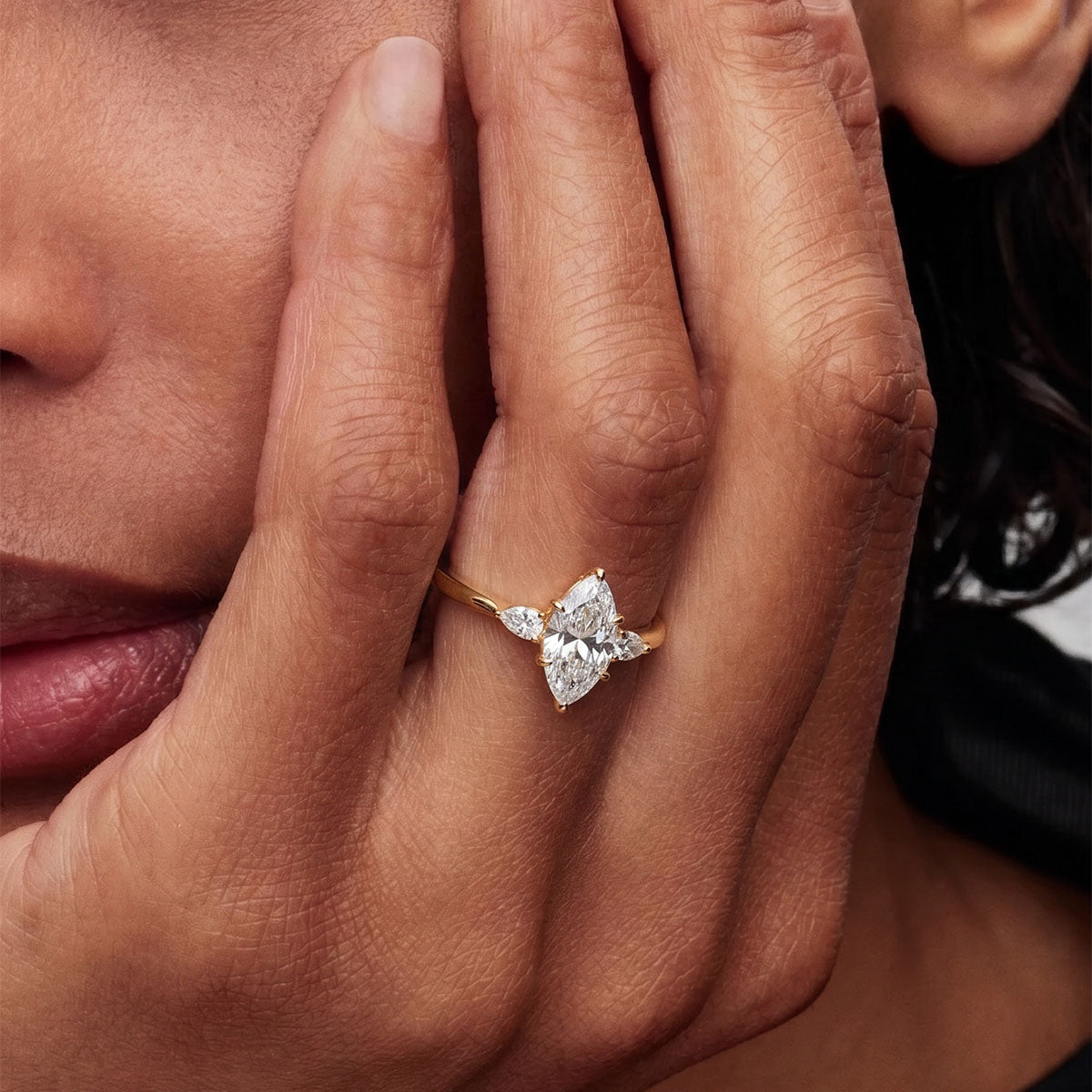 Marquise Three Stone Moissanite Ring - Gold