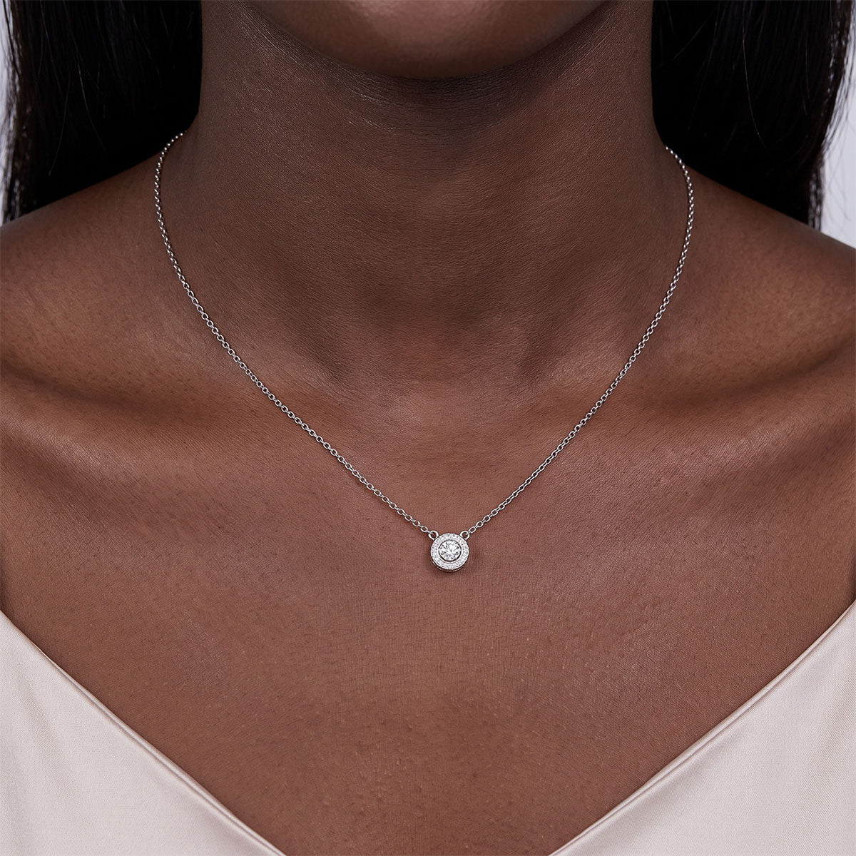 Milgrain Circle Halo Moissanite Pendant Necklace - Silver