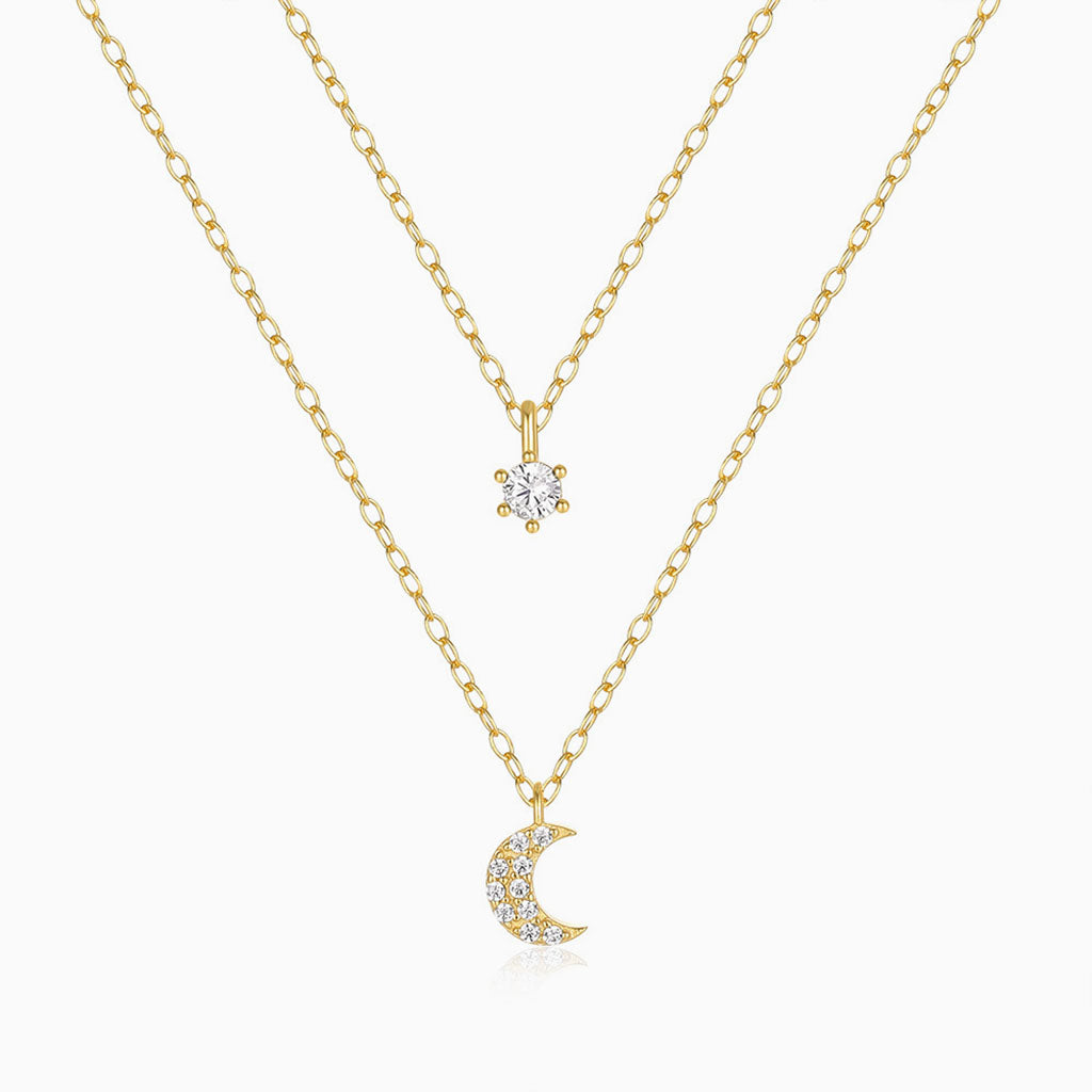 Mini Crescent Moon and Star Diamond Layered Necklace - Gold