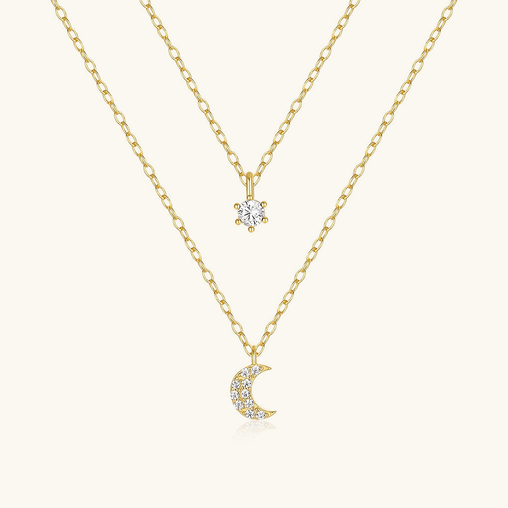 Mini Crescent Moon and Star Diamond Layered Necklace - Gold