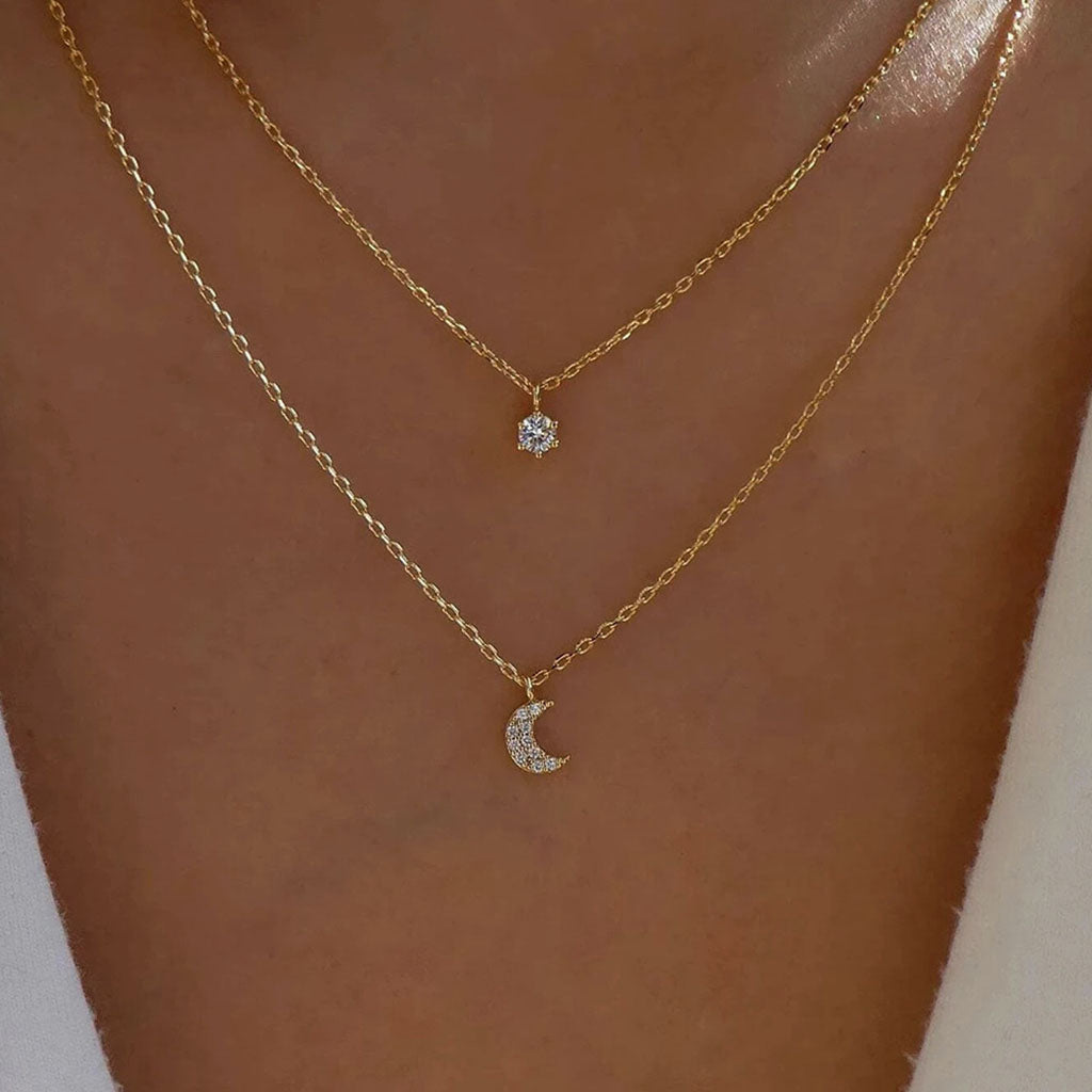 Mini Crescent Moon and Star Diamond Layered Necklace - Gold