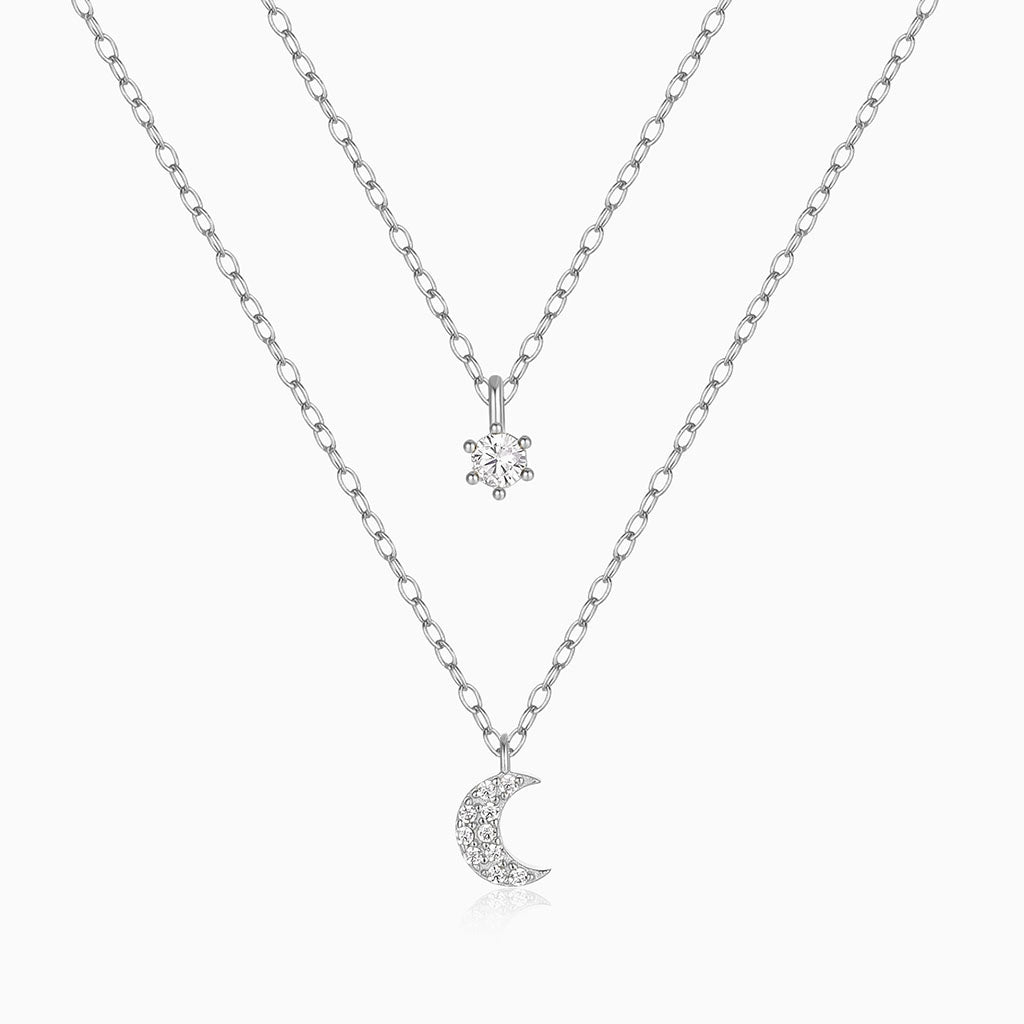Mini Crescent Moon and Star Diamond Layered Necklace - Silver