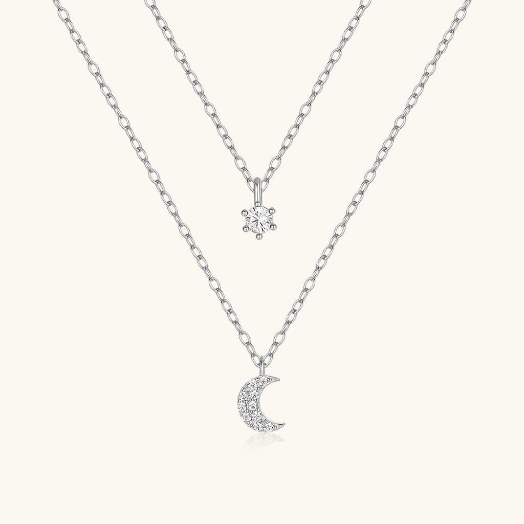 Mini Crescent Moon and Star Diamond Layered Necklace - Silver