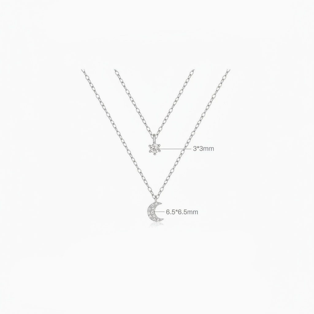 Mini Crescent Moon and Star Diamond Layered Necklace - Silver