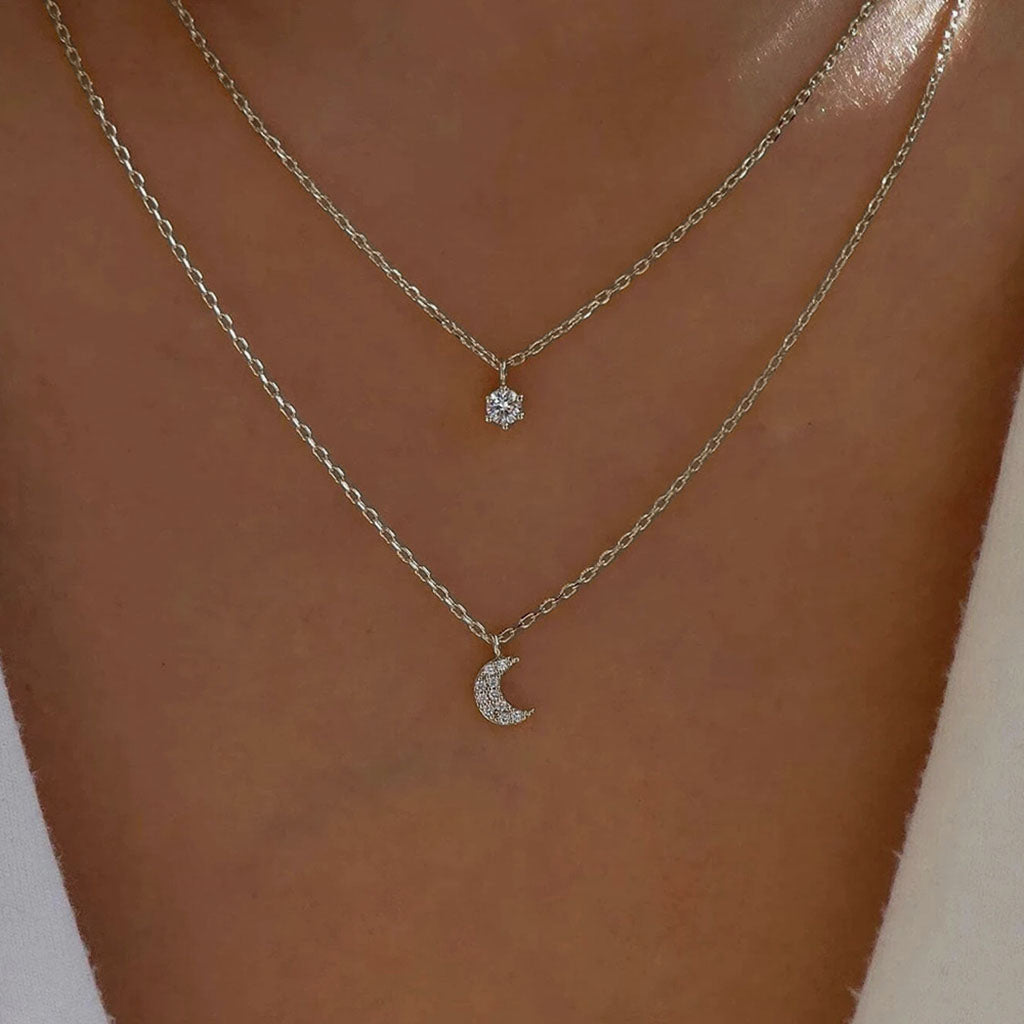 Mini Crescent Moon and Star Diamond Layered Necklace - Silver