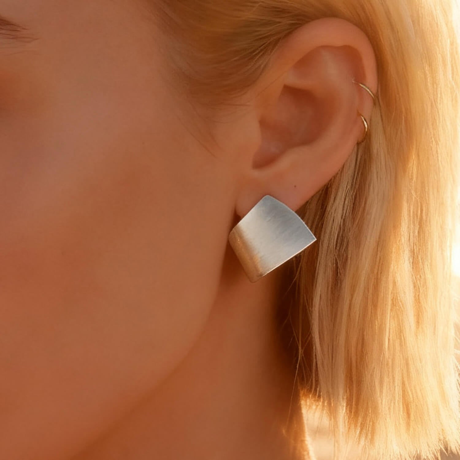 Minimalist Geometric Brushed Texture Earrings - Silver