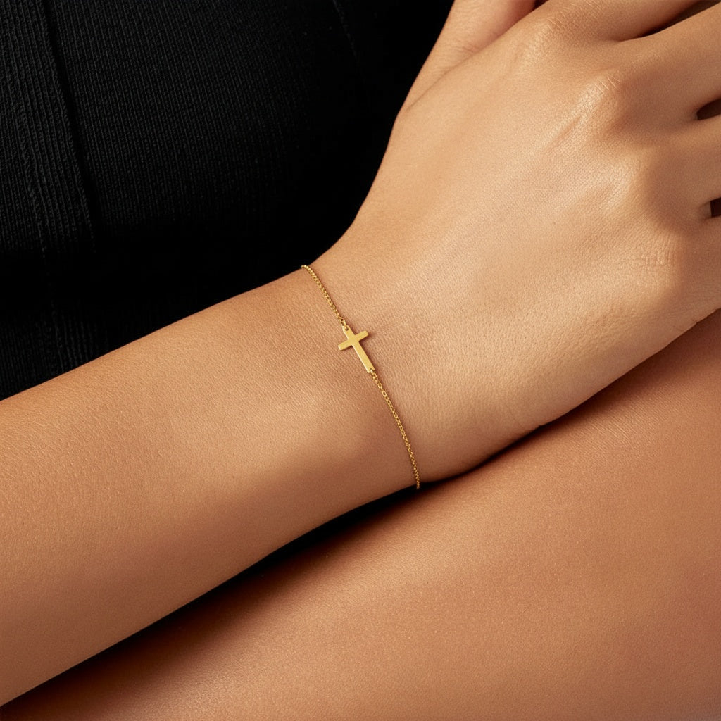 Minimalist Sideways Cross Bracelet - Gold