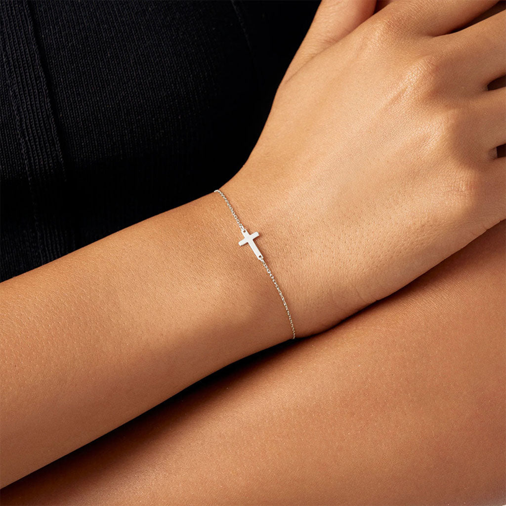 Minimalist Sideways Cross Bracelet - Silver