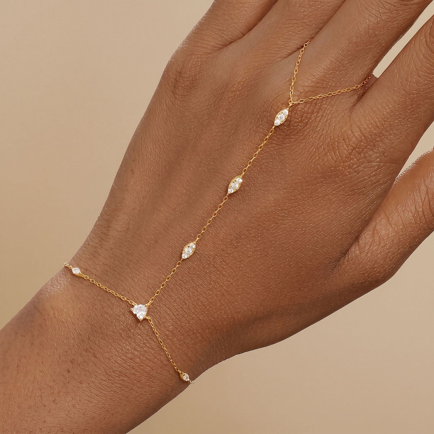 Mixed Cut Diamond Hand Chain Bracelet - Gold