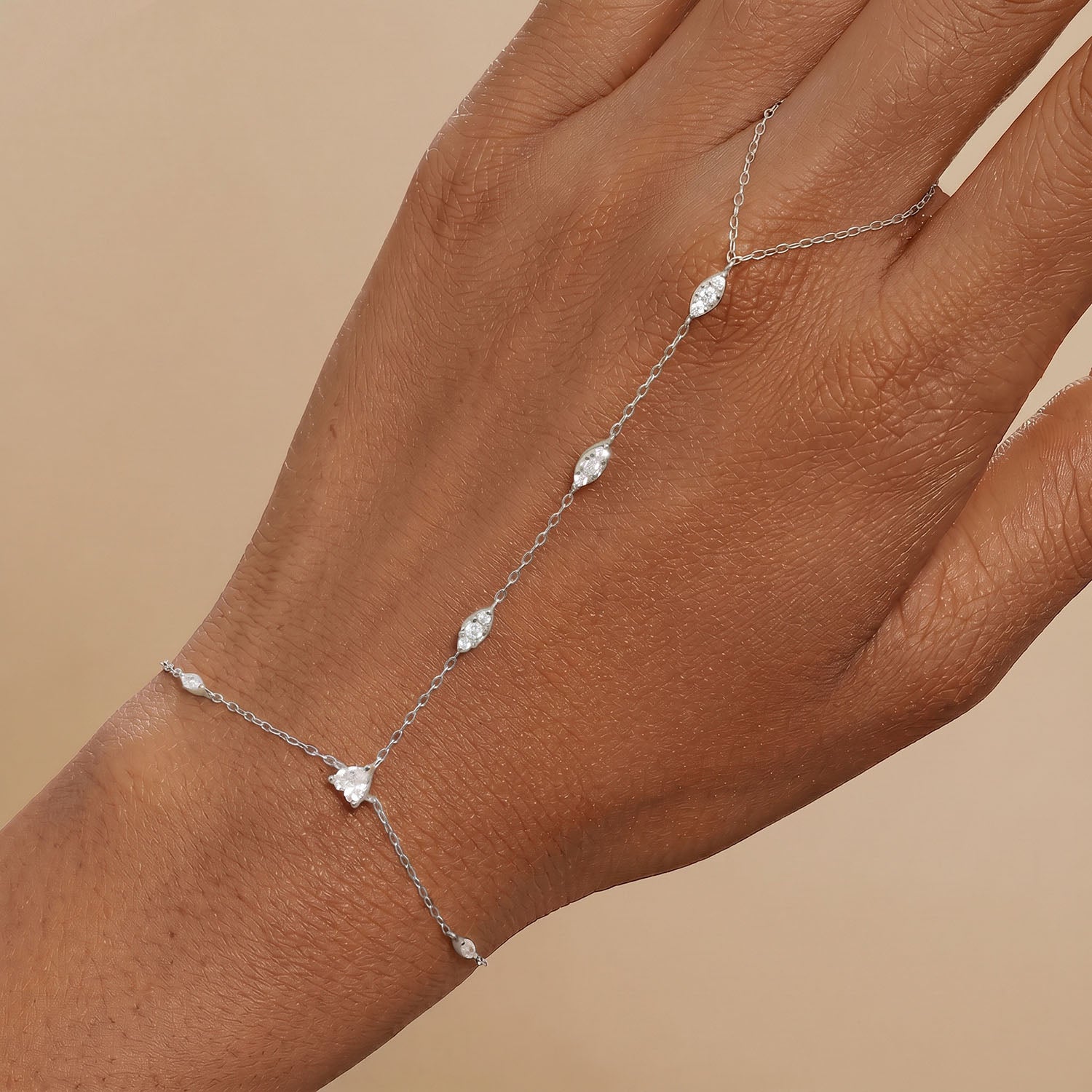 Mixed Cut Diamond Hand Chain Bracelet - Silver