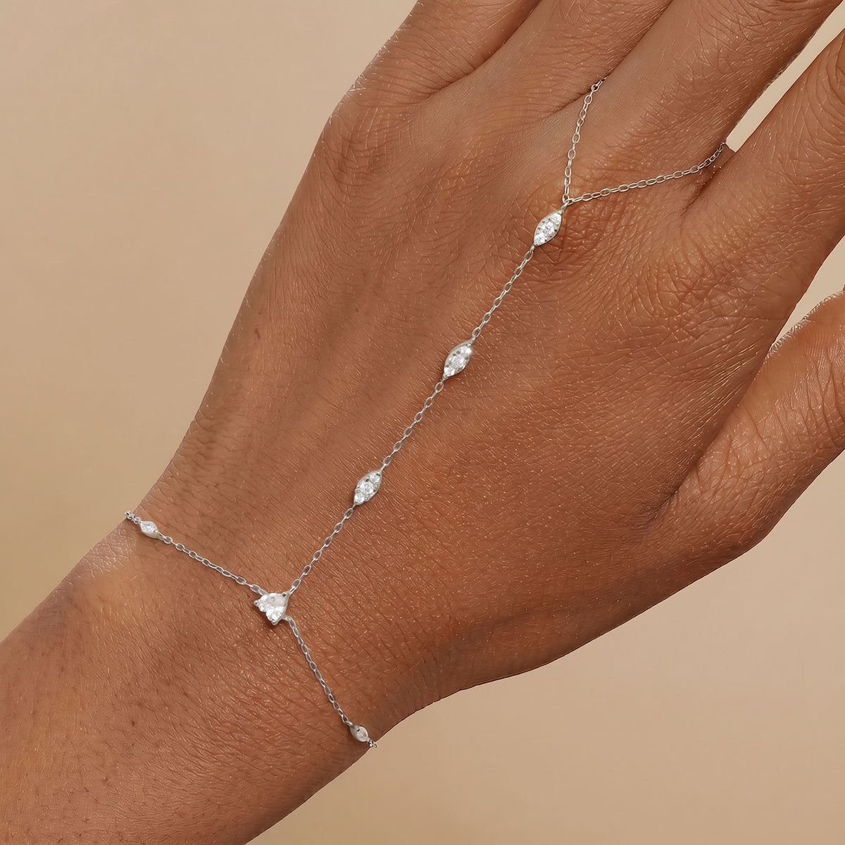 Mixed Cut Simulated Diamond Hand Chain Bracelet - Silver