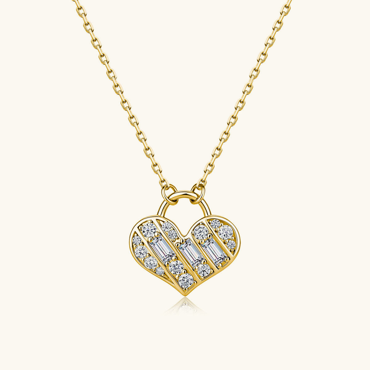 Mixed Cut Heart Lock Moissanite Pendant Necklace - Gold