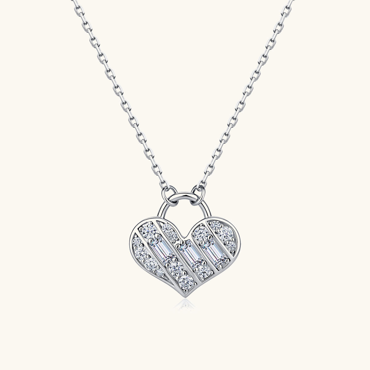 Mixed Cut Heart Lock Moissanite Pendant Necklace - Silver