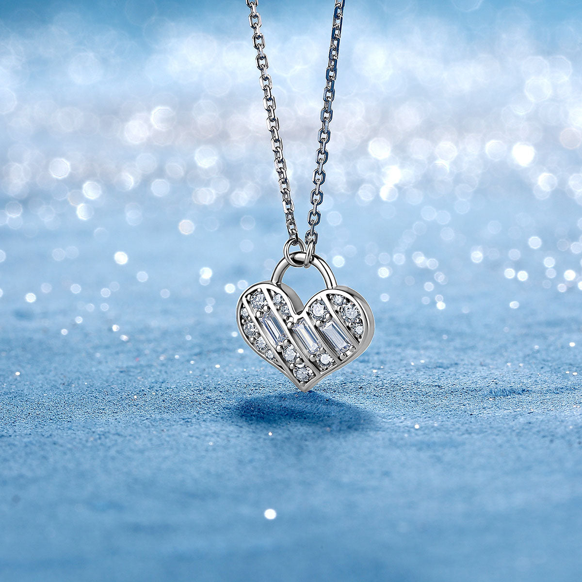 Mixed Cut Heart Lock Moissanite Pendant Necklace - Silver